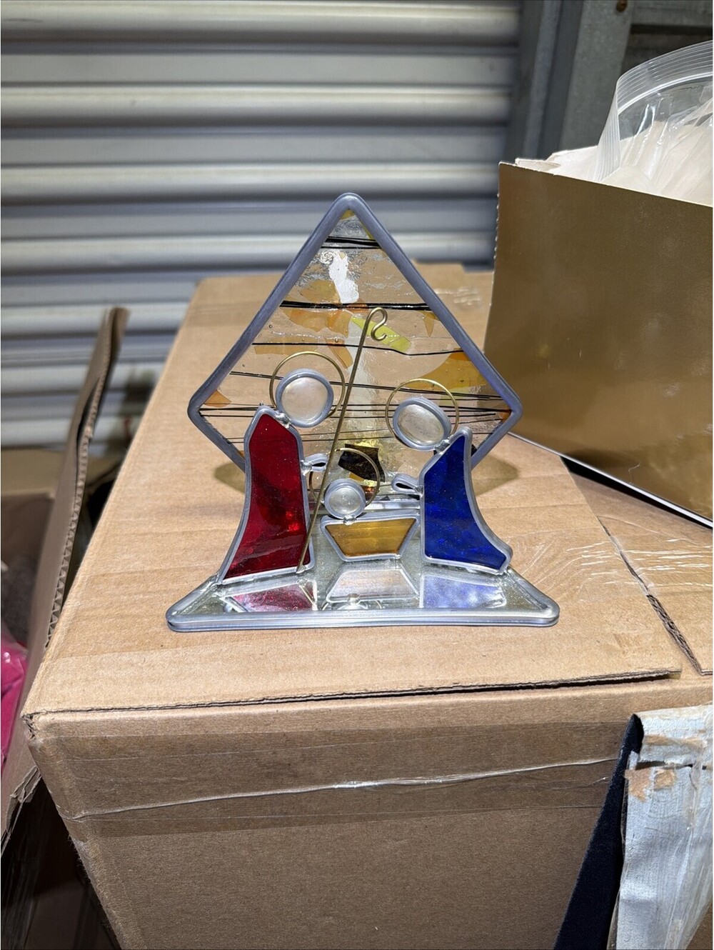 Vintage Neiman Marcus Stained Glass Nativity Candle Holder with Original Box